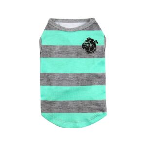 Wide Striped Small Dog Shirt in Grey and Green with Bulldog Head Logo for Small Breeds