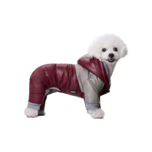 Winter Small Medium Dog Coat, Soft Cotton-Padded, Hooded Four-Legged Design, Red