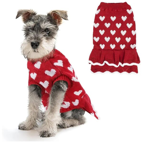 Winter Warm Small Dog Sweater Dress with Heart Pattern for Small Medium Female Dogs