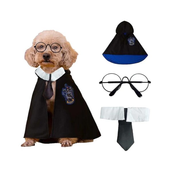 Witch Wizard Pet Costume Cloak for Halloween Party Cosplay with Glasses and Tie