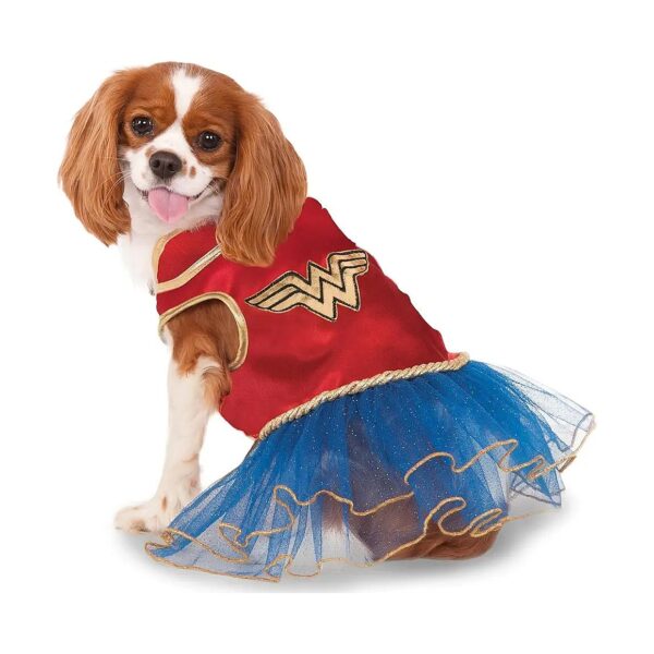 Wonder Woman Small Pet Tutu Dress with Gold Trim and Red Skirt