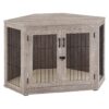 Wooden Corner Dog Crate with Cushion and Storage Side Table for Small Medium Dogs