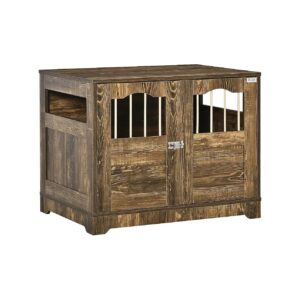 Wooden Dog Crate End Table Furniture for Small Pets with Lockable Ventilated Cage Brown