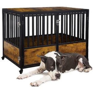 Wooden Dog Crate End Table for Medium Large Dogs with 3 Doors and Lockable Wheels