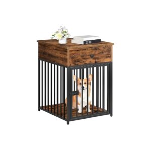 Wooden Dog Crate End Table with Drawer for Small Dogs - Rustic Brown