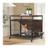 Wooden Dog Crate End Table with Rotating Stainless Steel Bowl and Lockable Rolling Wheels