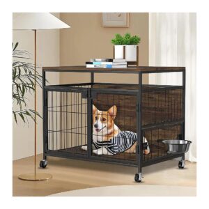 Wooden Dog Crate End Table with Rotating Stainless Steel Bowl and Lockable Rolling Wheels