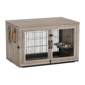 Wooden Dog Crate Furniture with Dog Bowls and End Table Tray Indoor