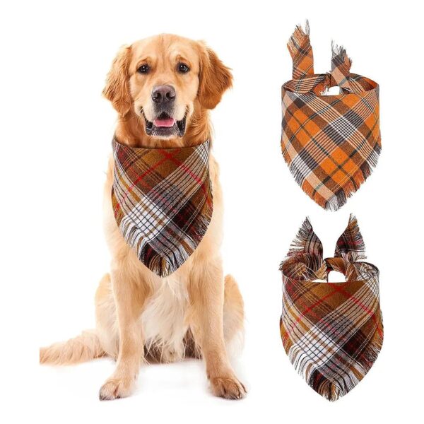 X-Large Soft Cotton Orange Brown Plaid Fall Dog Bandanas Large and Extra Large Dogs