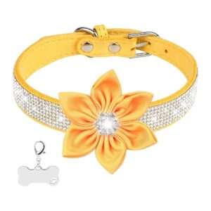 Yellow Rhinestone Dog Collar with Detachable Flower Design for Female Dogs