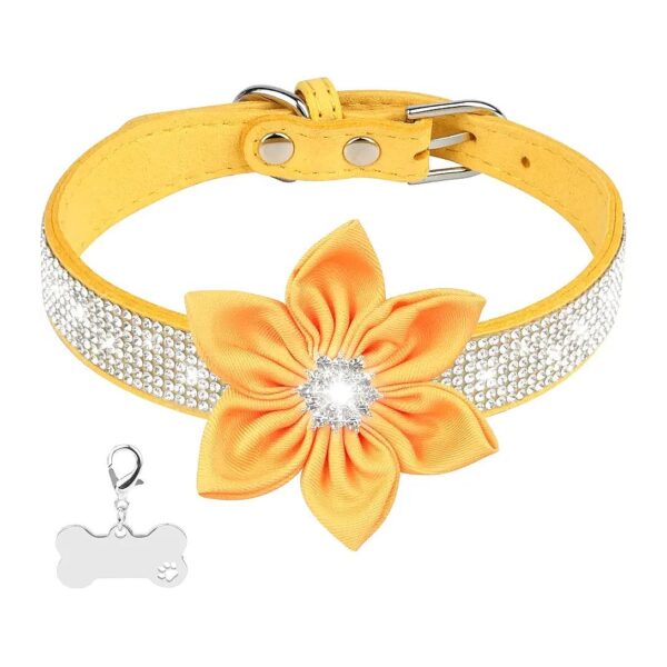 Yellow Rhinestone Dog Collar with Detachable Flower Design for Female Dogs