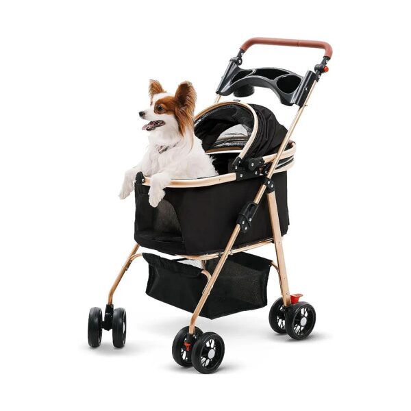 Zipperless Dog Stroller with Storage Basket and Cup Holder for Easy Walks