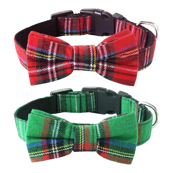 christmas Plaid Bow Tie Dog Collar with Adjustable Buckle for Small Medium Large Cats