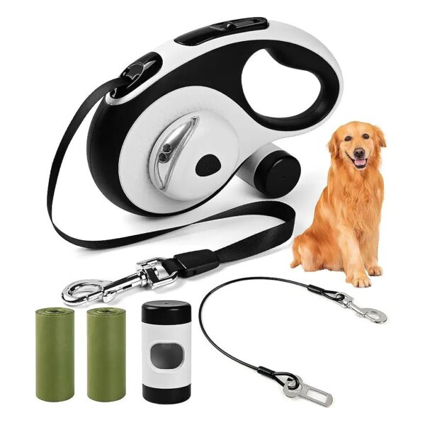 duty Retractable Dog Leash with 360deg Tangle-free Nylon Straps and Detachable LED Light