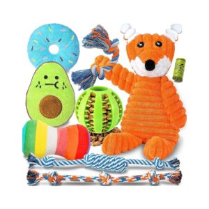 etailed Puppy Teething Toy Set Including Squeaky Plush Toys and Rope Toys