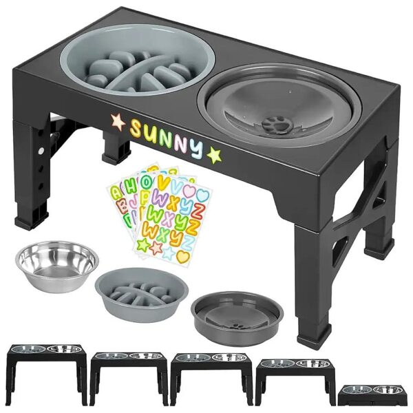 in-1 Elevated Dog Feeder with Slow Feeder Bowl, No Spill Water Bowl, and Removable Bowls