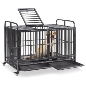 in-One Large Dog Crate Furniture with Wheels, Tray, and Top Door for Convenience