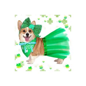 s Day Dog Costume Set with Shamrock Patterned Bandana, Tutu, and Bowtie Headband